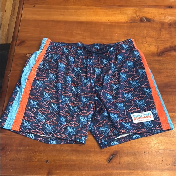 NWOT BURLEBO Ocean Shark Gym Shorts M 6 inches - Picture 1 of 3